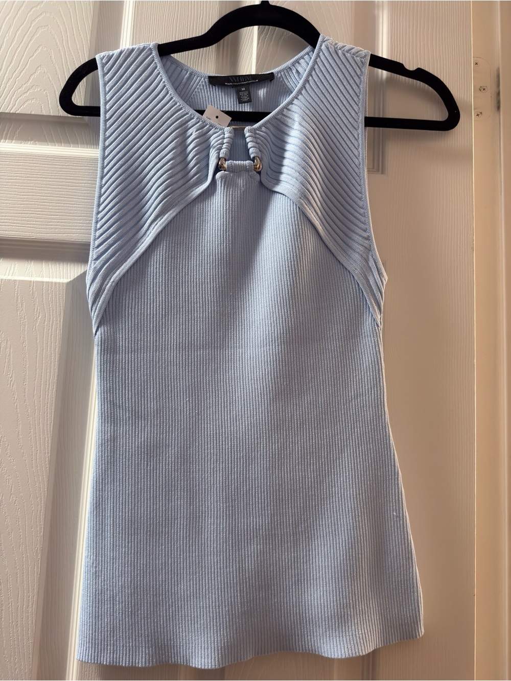 White House Black Market Light Blue Ribbed Knit Top with Gold Accent